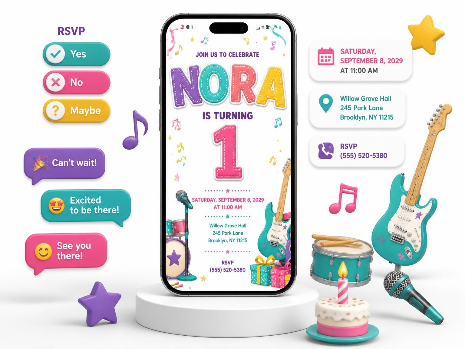 The Stitched Rock Star 1st Birthday Invitation invitation on a phone, with guest RSVPs arriving around it