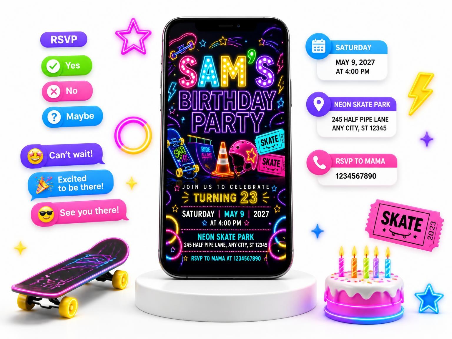The Neon Skateboard 23rd Birthday Invitation invitation on a phone, with guest RSVPs arriving around it