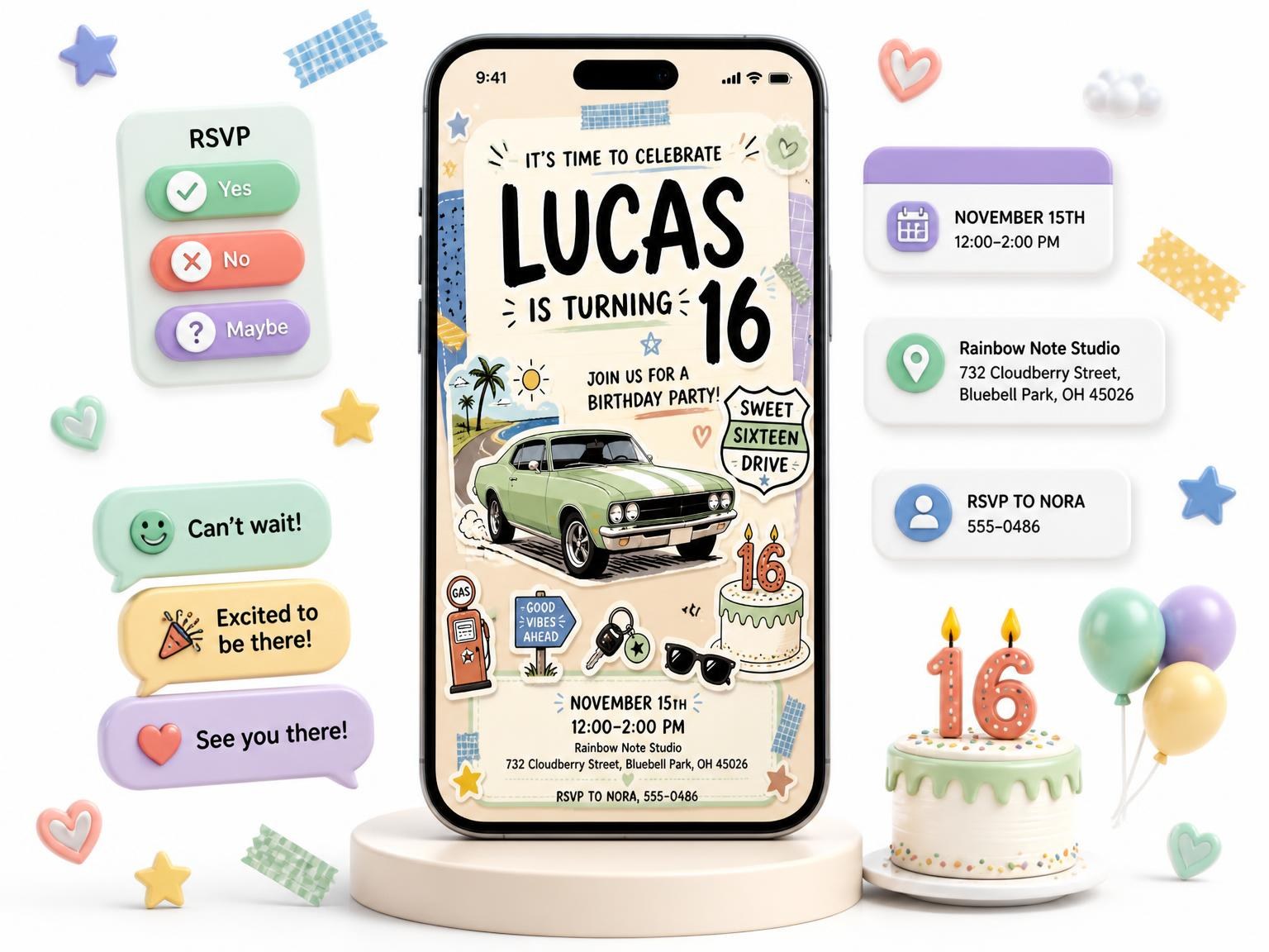 The Muscle Car Pastel 16th Birthday Invitation invitation on a phone, with guest RSVPs arriving around it