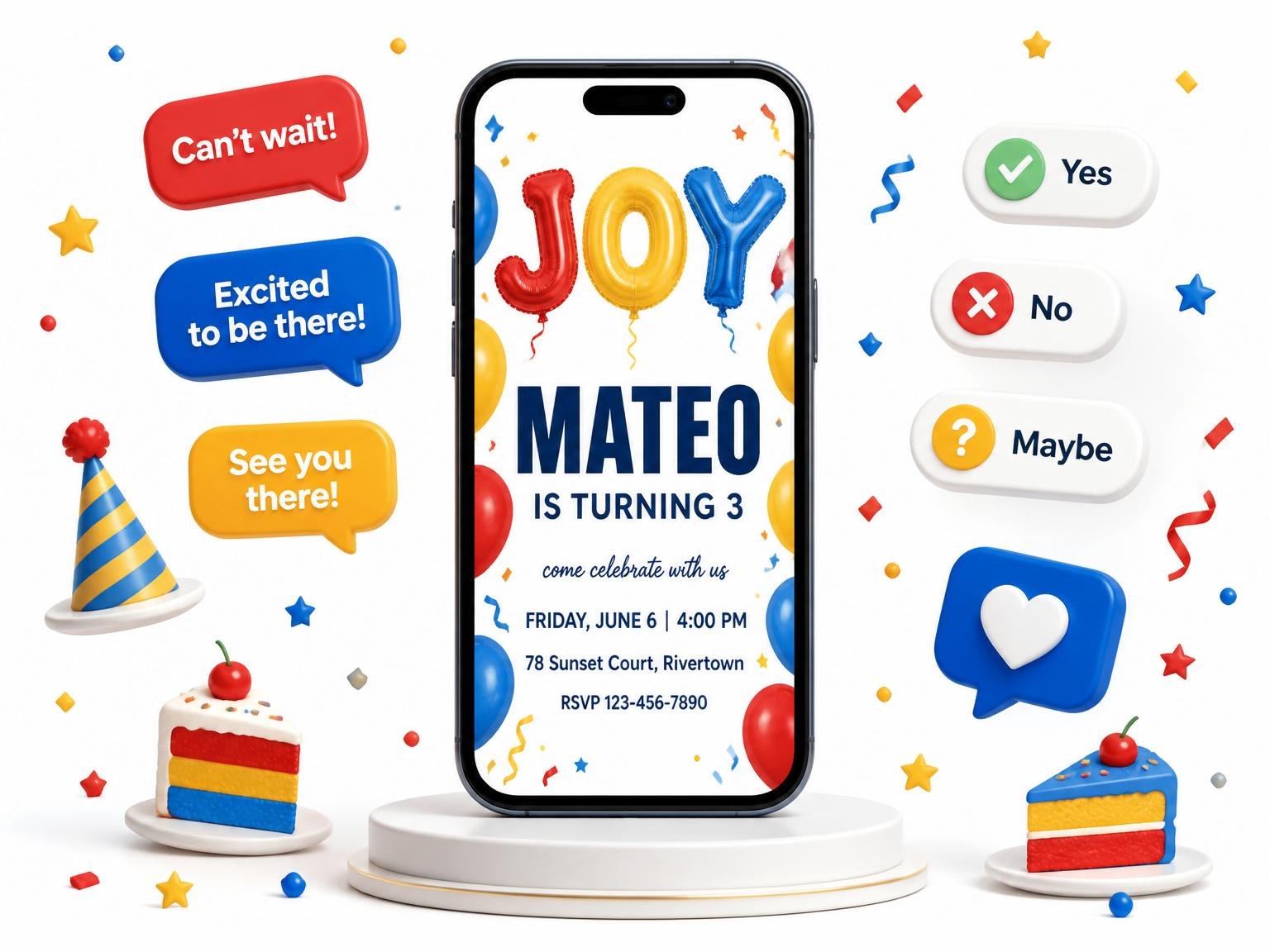 The Primary Color Balloon Kids' 3rd Birthday invitation on a phone, with guest RSVPs arriving around it