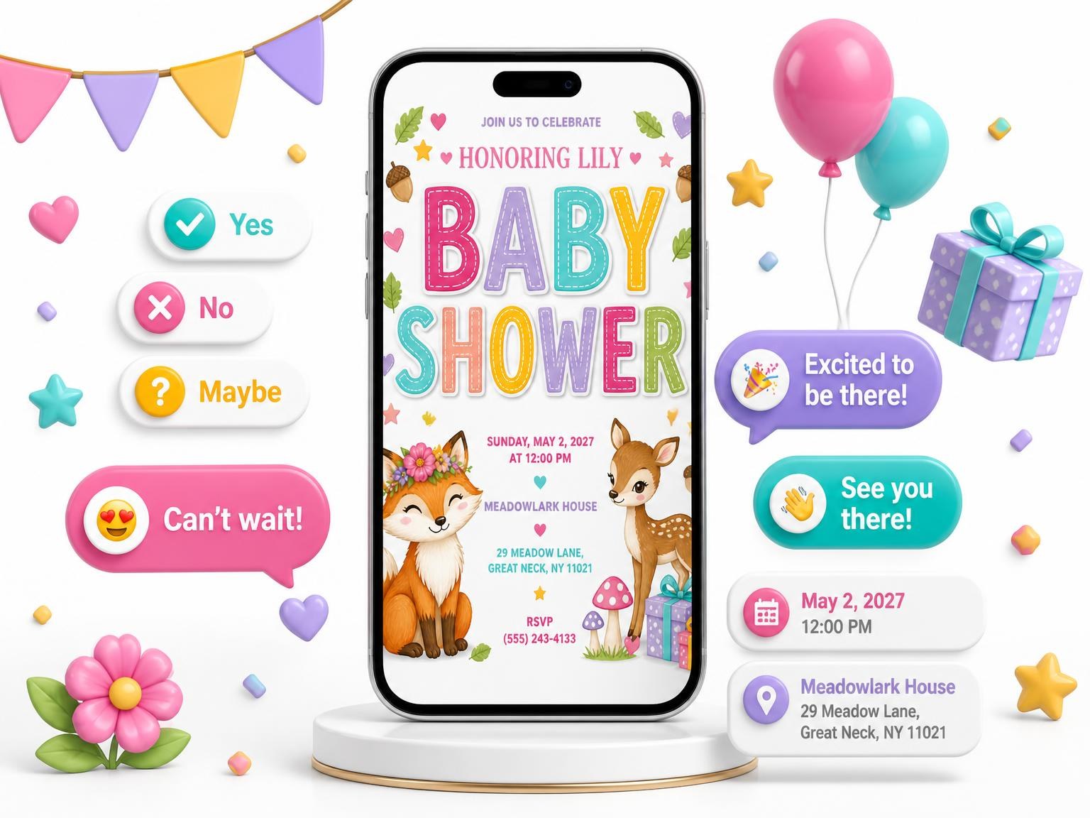 The Baby Deer Baby Shower Invitation invitation on a phone, with guest RSVPs arriving around it