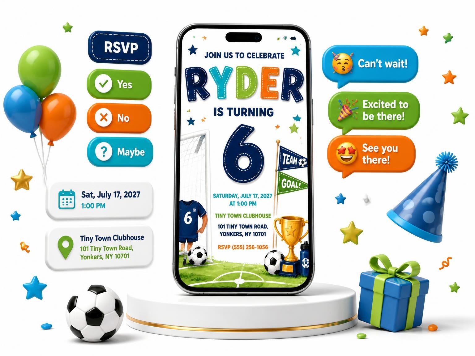 The Soccer Player Stitched 6th Birthday Invitation invitation on a phone, with guest RSVPs arriving around it