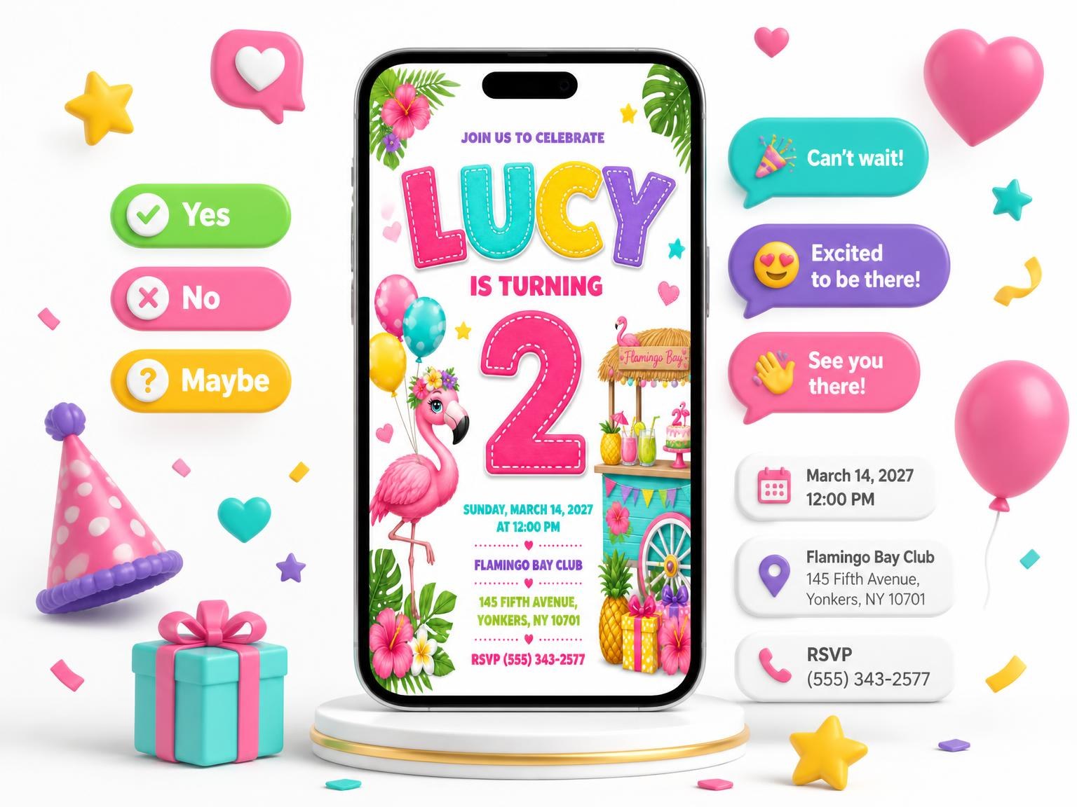 The Flamingo Stitched 2nd Birthday Invitation invitation on a phone, with guest RSVPs arriving around it
