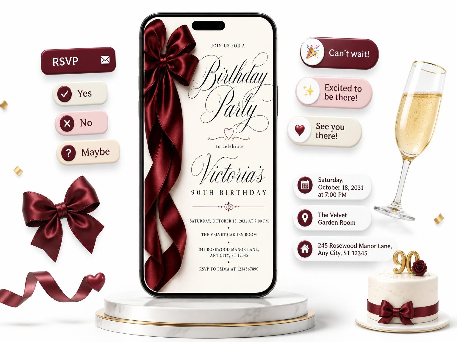 The Burgundy Satin Bow 90th Birthday Invitation invitation on a phone, with guest RSVPs arriving around it