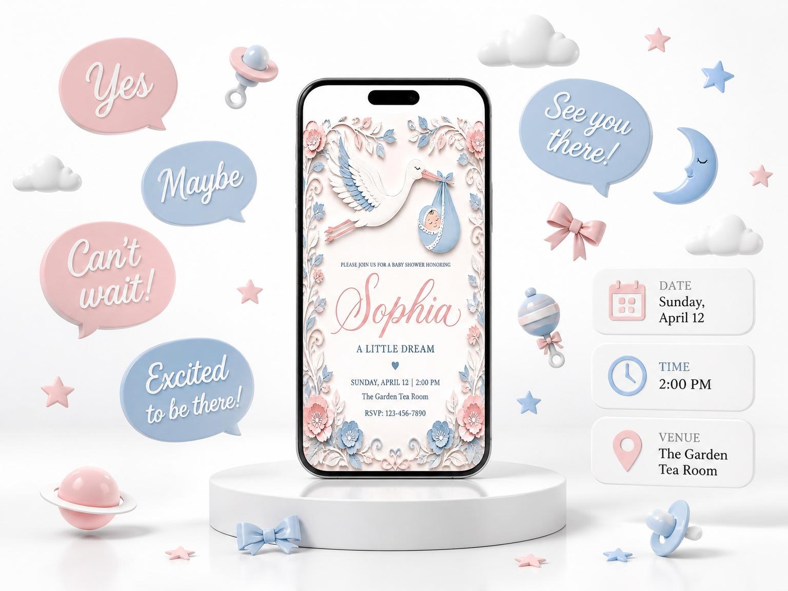 The Pink and Blue Stork Baby Shower invitation on a phone, with guest RSVPs arriving around it