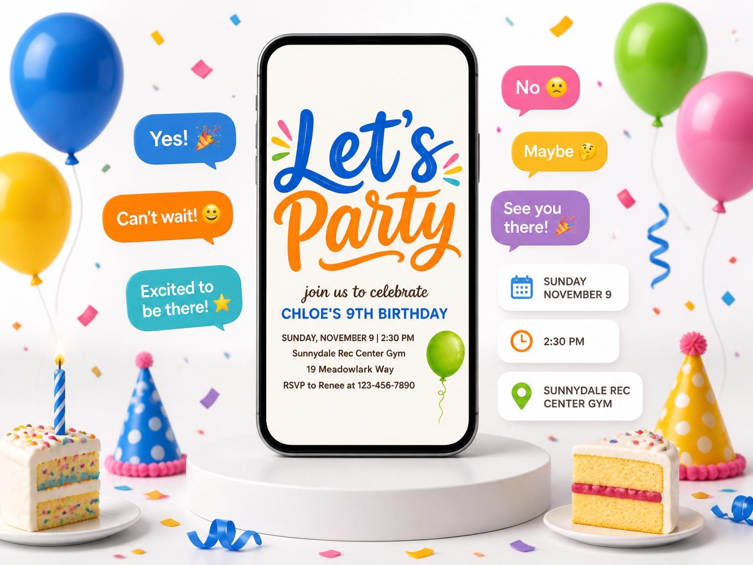 The Primary Color Balloon 9th Birthday Invitation invitation on a phone, with guest RSVPs arriving around it