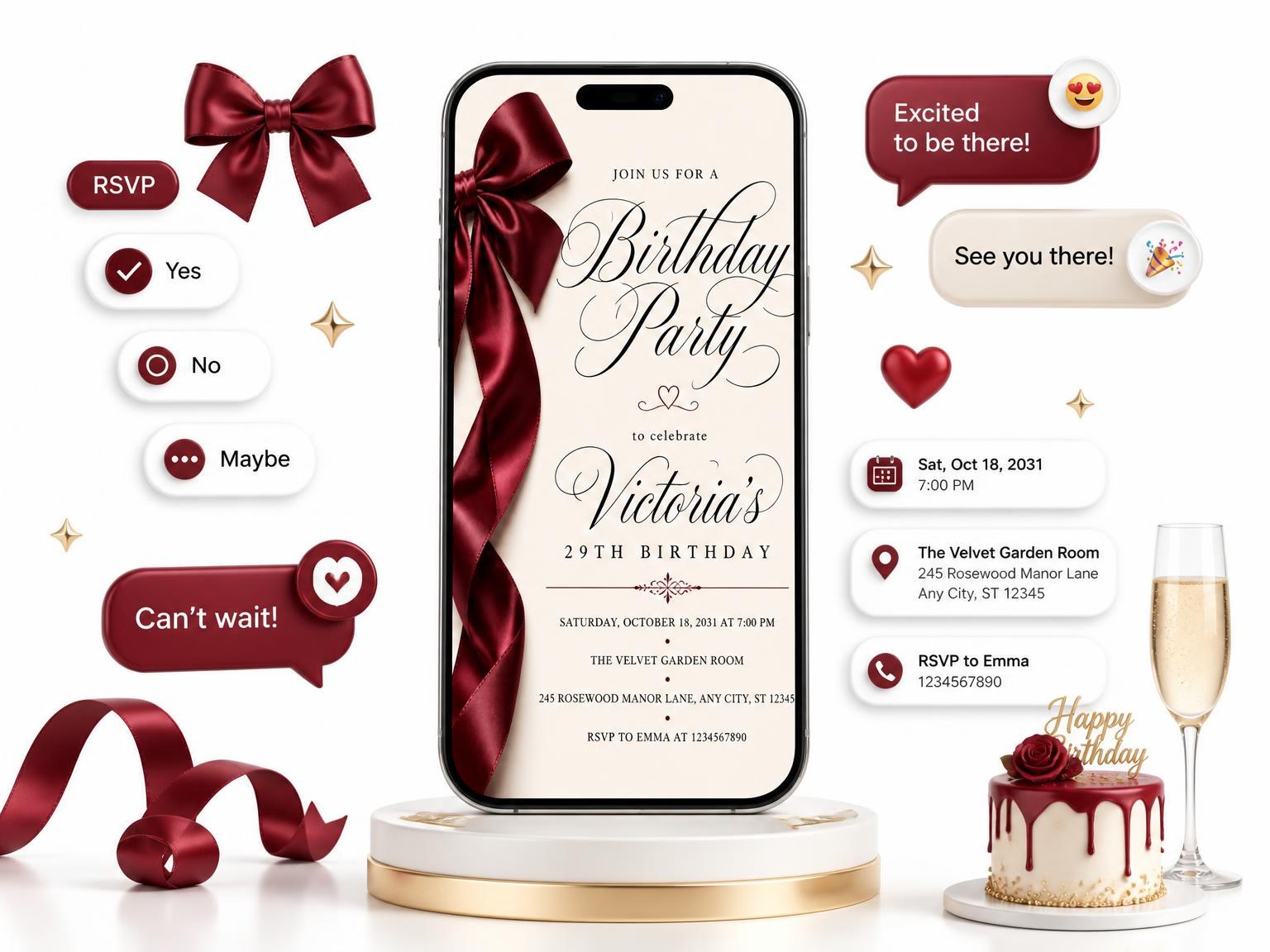 The Burgundy Satin Bow 29th Birthday Invitation invitation on a phone, with guest RSVPs arriving around it
