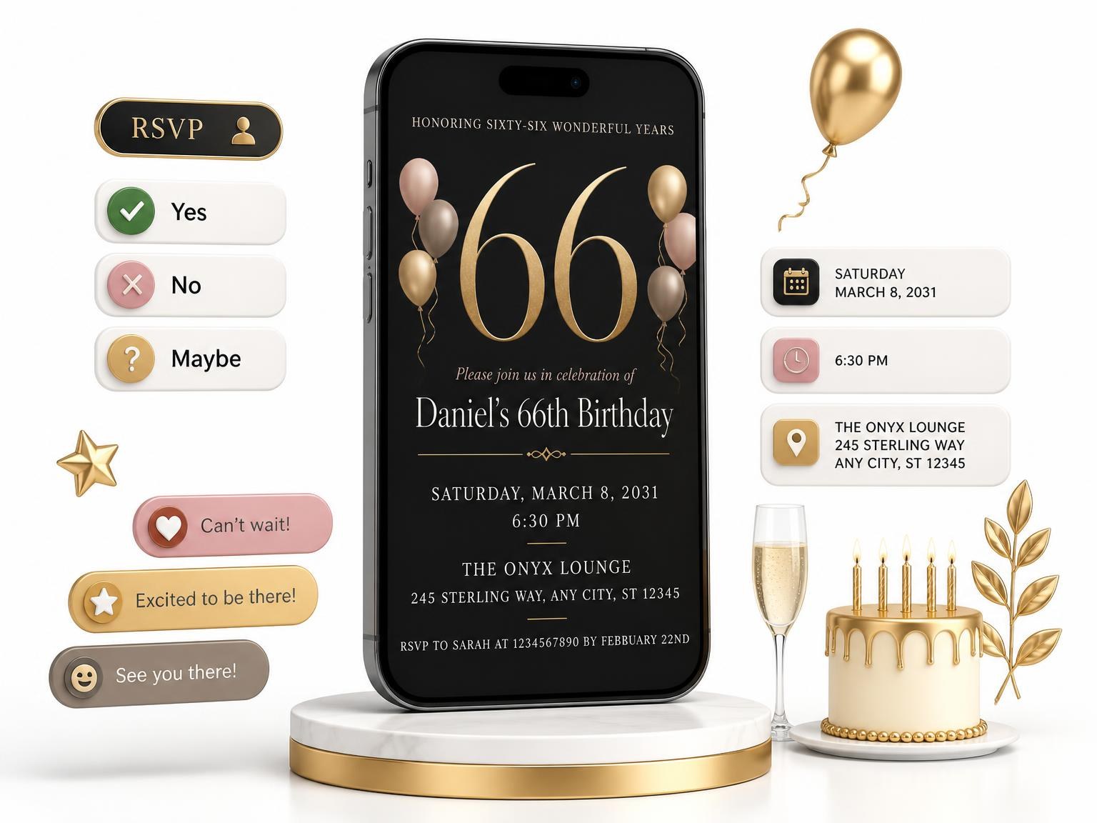 The Charcoal and Blush 66th Birthday Invitation invitation on a phone, with guest RSVPs arriving around it