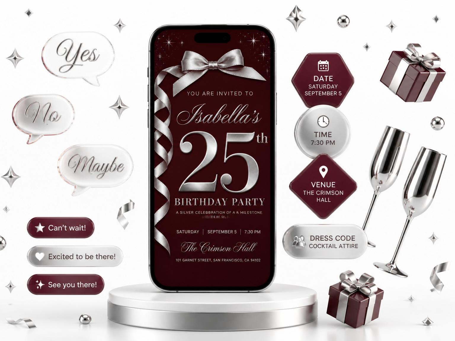 The Burgundy Silver Ribbon 25th Birthday invitation on a phone, with guest RSVPs arriving around it
