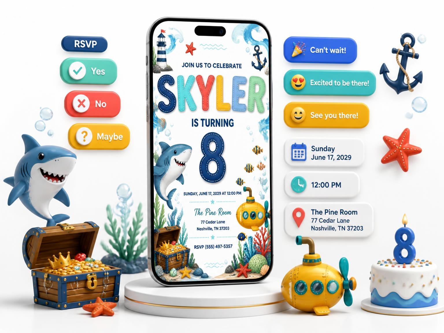The Stitched Shark 8th Birthday Invitation invitation on a phone, with guest RSVPs arriving around it