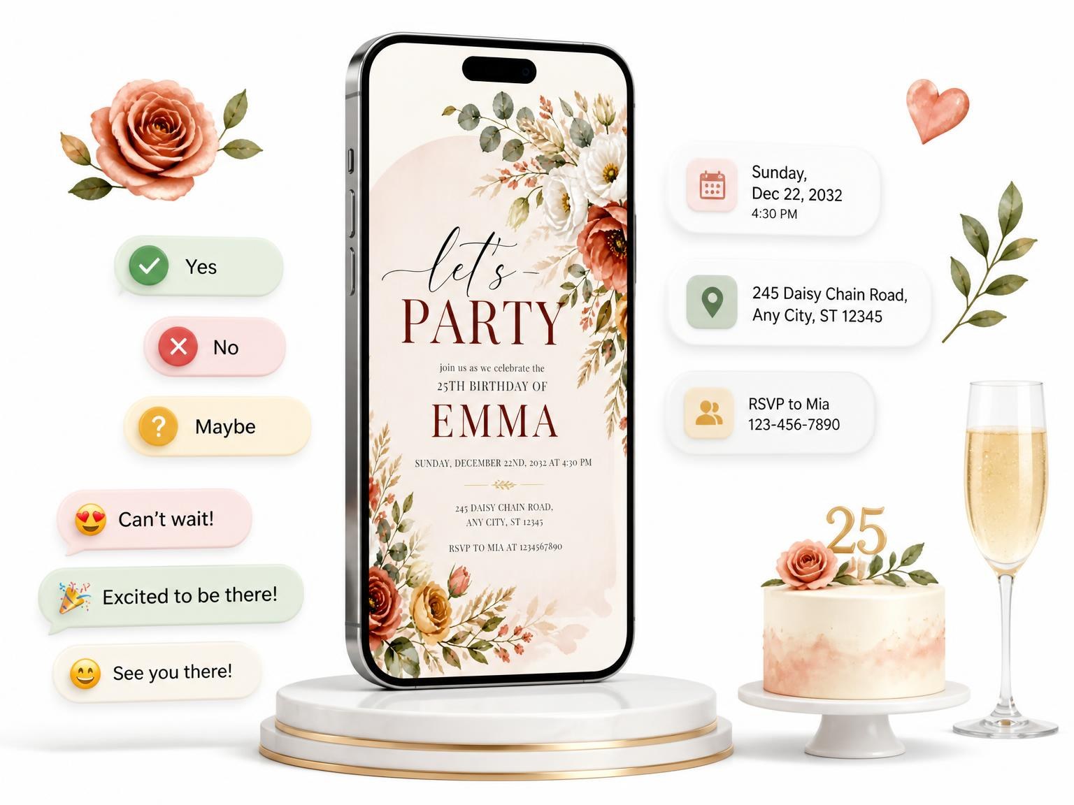 The Terracotta Boho Chic 25th Birthday Invitation invitation on a phone, with guest RSVPs arriving around it