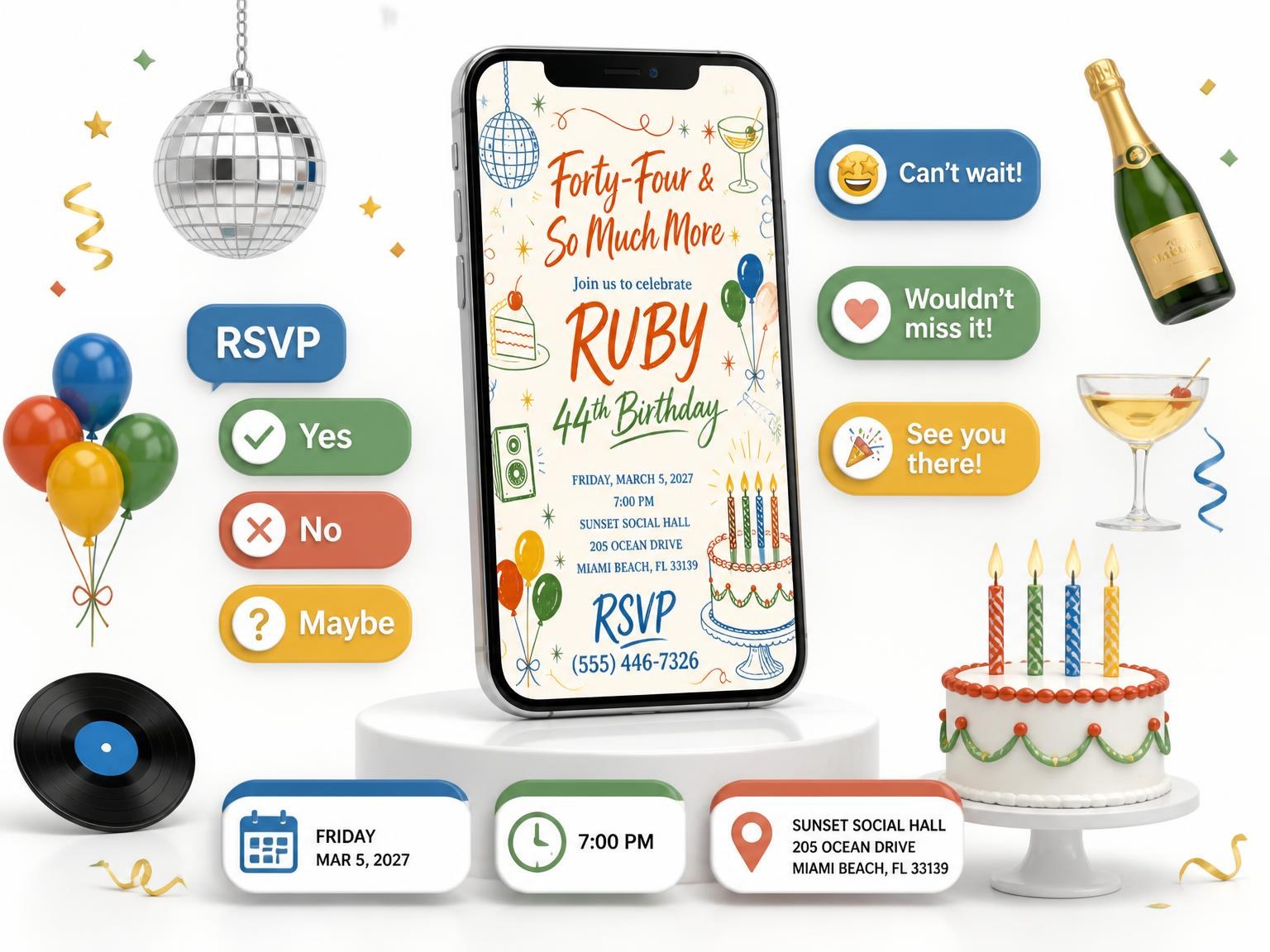 The Retro Doodle 44th Birthday Invitation invitation on a phone, with guest RSVPs arriving around it
