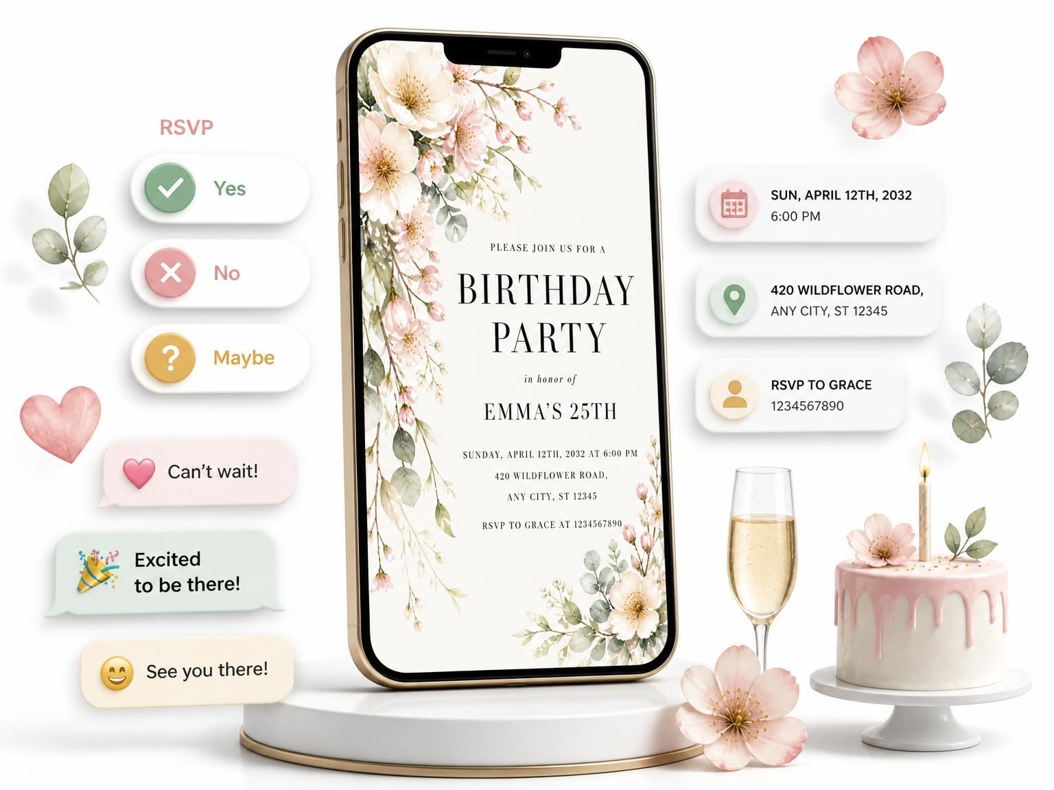 The Floral Garland Ivory 25th Birthday Invitation invitation on a phone, with guest RSVPs arriving around it