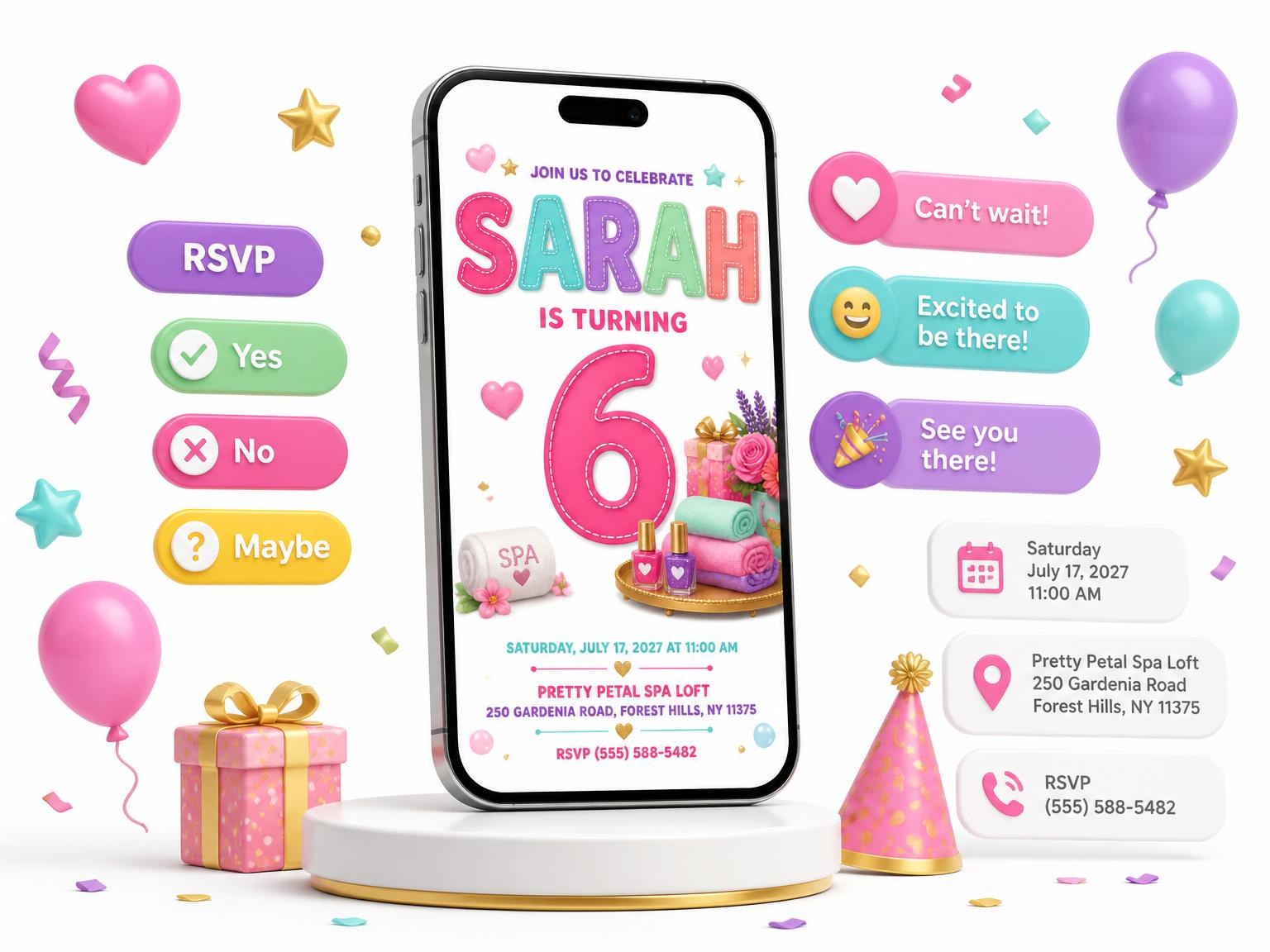 The Accessories Tray 6th Birthday Invitation invitation on a phone, with guest RSVPs arriving around it