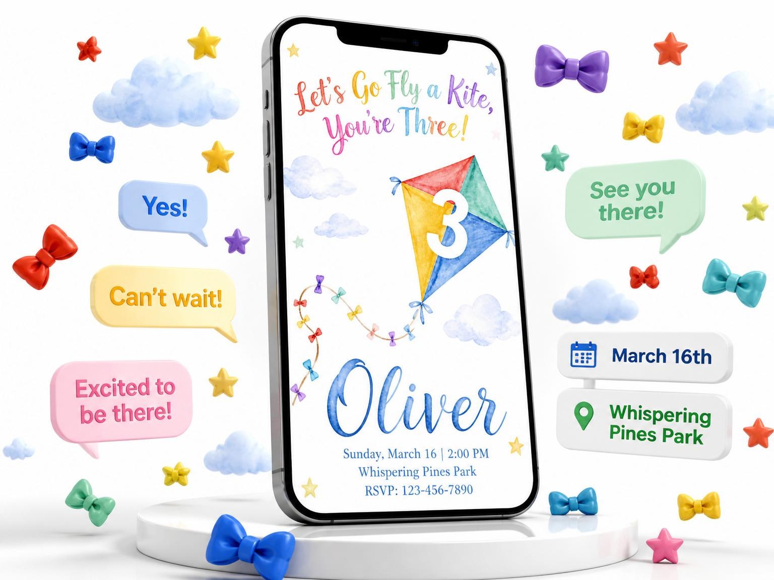 The Watercolor Kite 3rd Birthday Invitation invitation on a phone, with guest RSVPs arriving around it