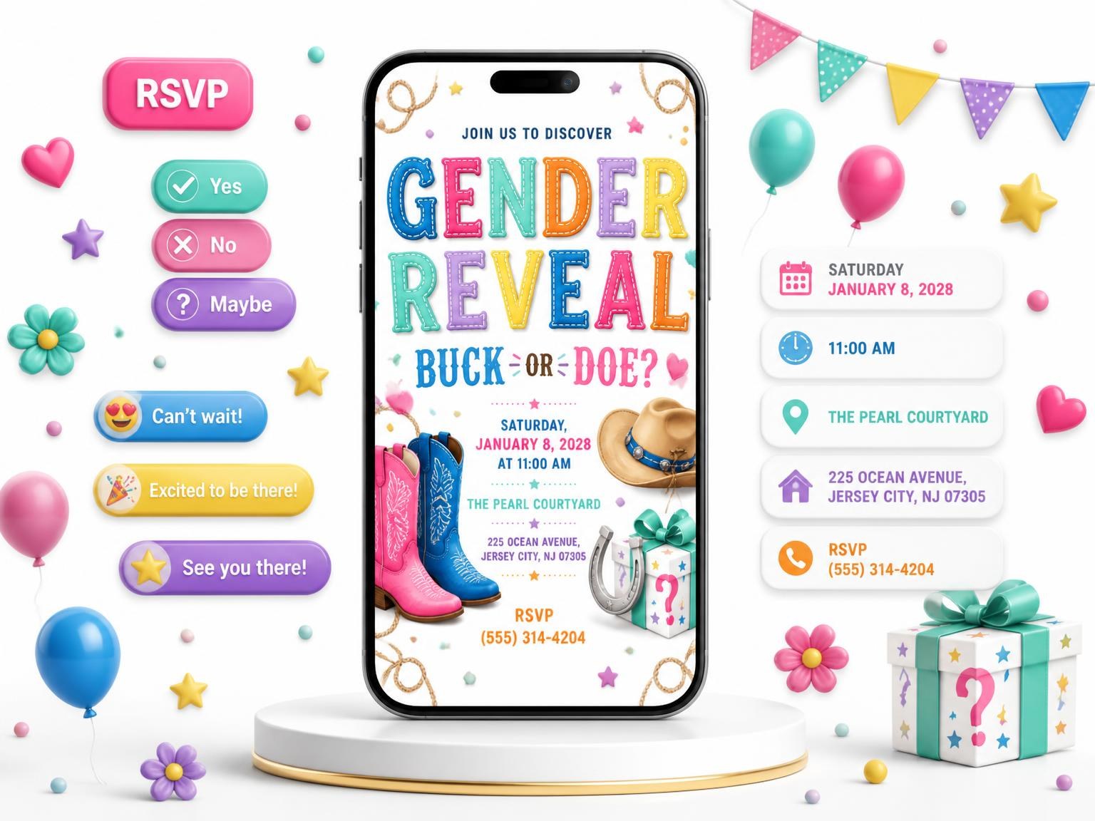 The Cowboy Cowgirl Gender Reveal Invitation invitation on a phone, with guest RSVPs arriving around it