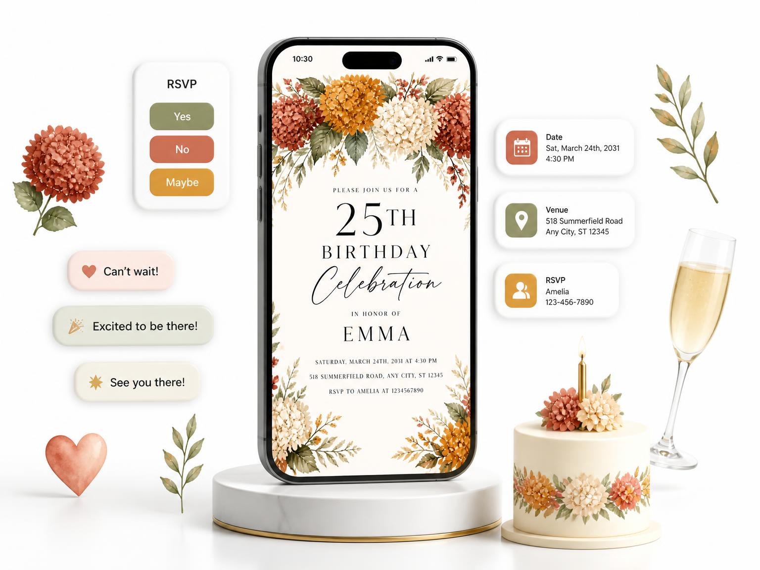 The Botanical Garland 25th Birthday Invitation invitation on a phone, with guest RSVPs arriving around it