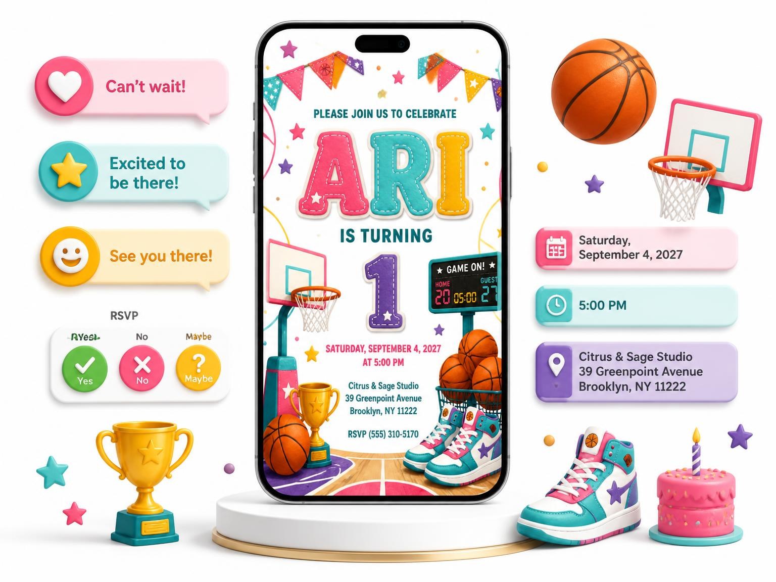 The Stitched Basketball 1st Birthday Invitation invitation on a phone, with guest RSVPs arriving around it