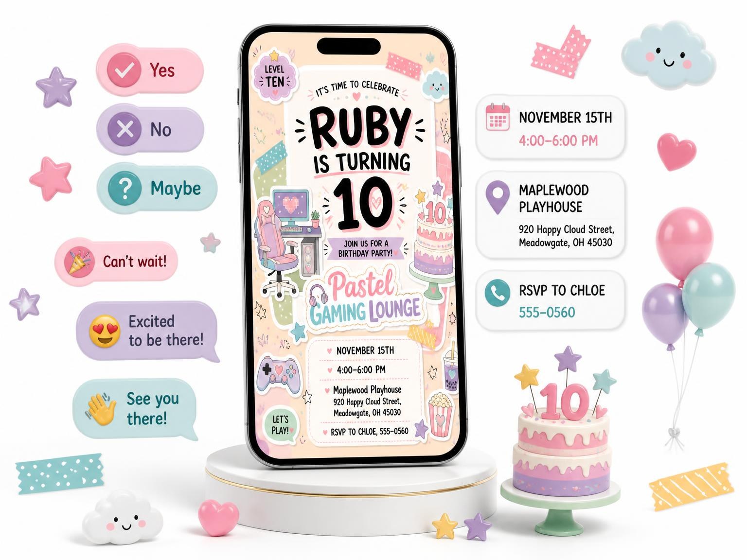 The Pastel Gaming Lounge 10th Birthday Invitation invitation on a phone, with guest RSVPs arriving around it