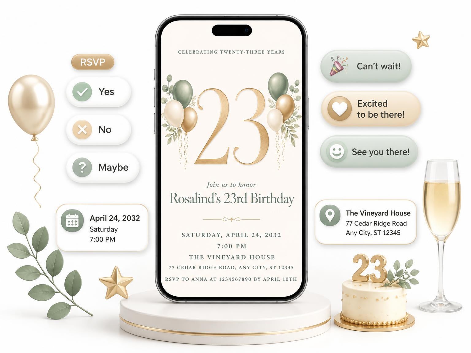 The Sage and Ivory 23rd Birthday Invitation invitation on a phone, with guest RSVPs arriving around it