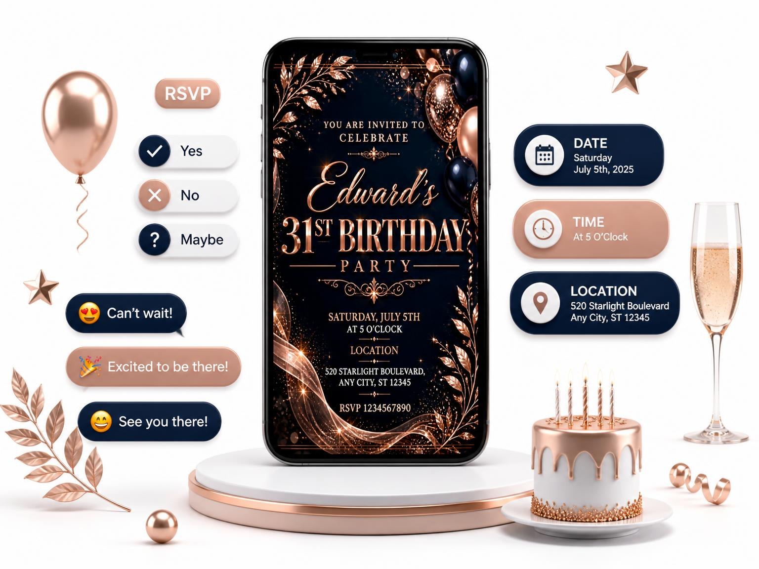 The Navy and Rose Gold 31st Birthday Invitation invitation on a phone, with guest RSVPs arriving around it
