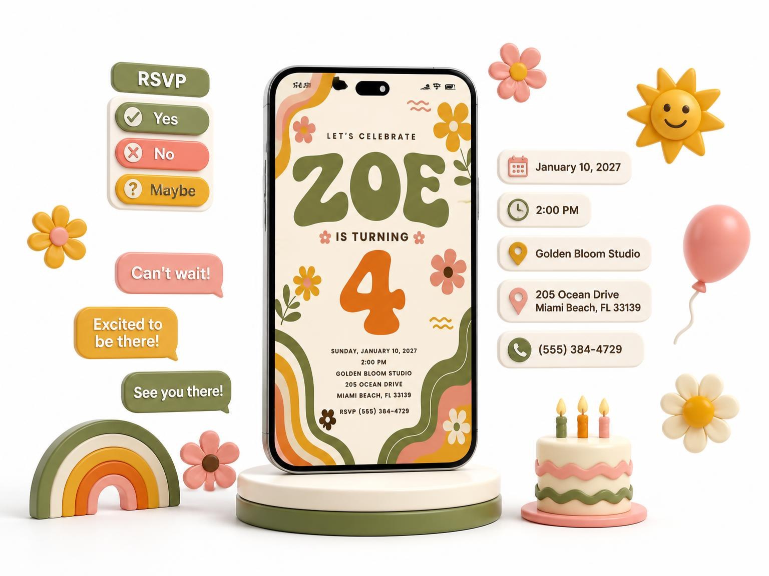 The Groovy Retro 4th Birthday Invitation invitation on a phone, with guest RSVPs arriving around it