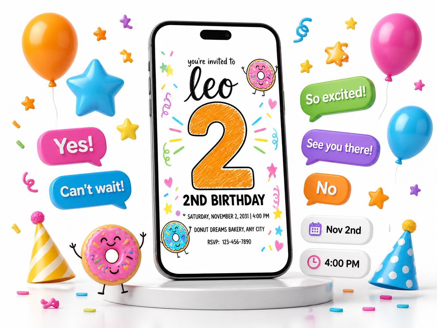 The Crayon Donut Character 2nd Birthday Invitation invitation on a phone, with guest RSVPs arriving around it