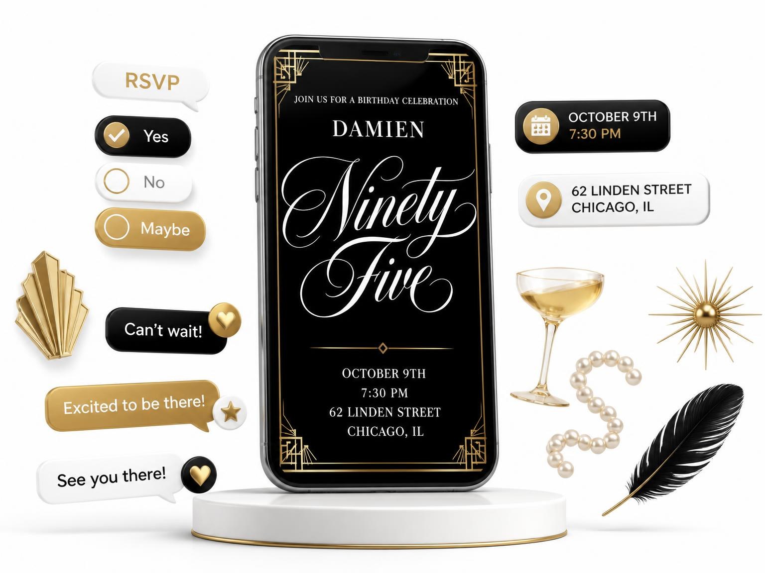 The Art Deco 95th Birthday Invitation invitation on a phone, with guest RSVPs arriving around it
