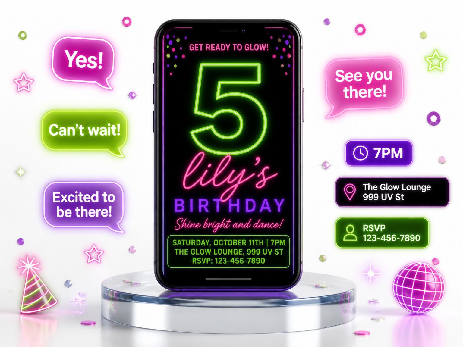 The Neon Glow Number 5th Birthday Party invitation on a phone, with guest RSVPs arriving around it