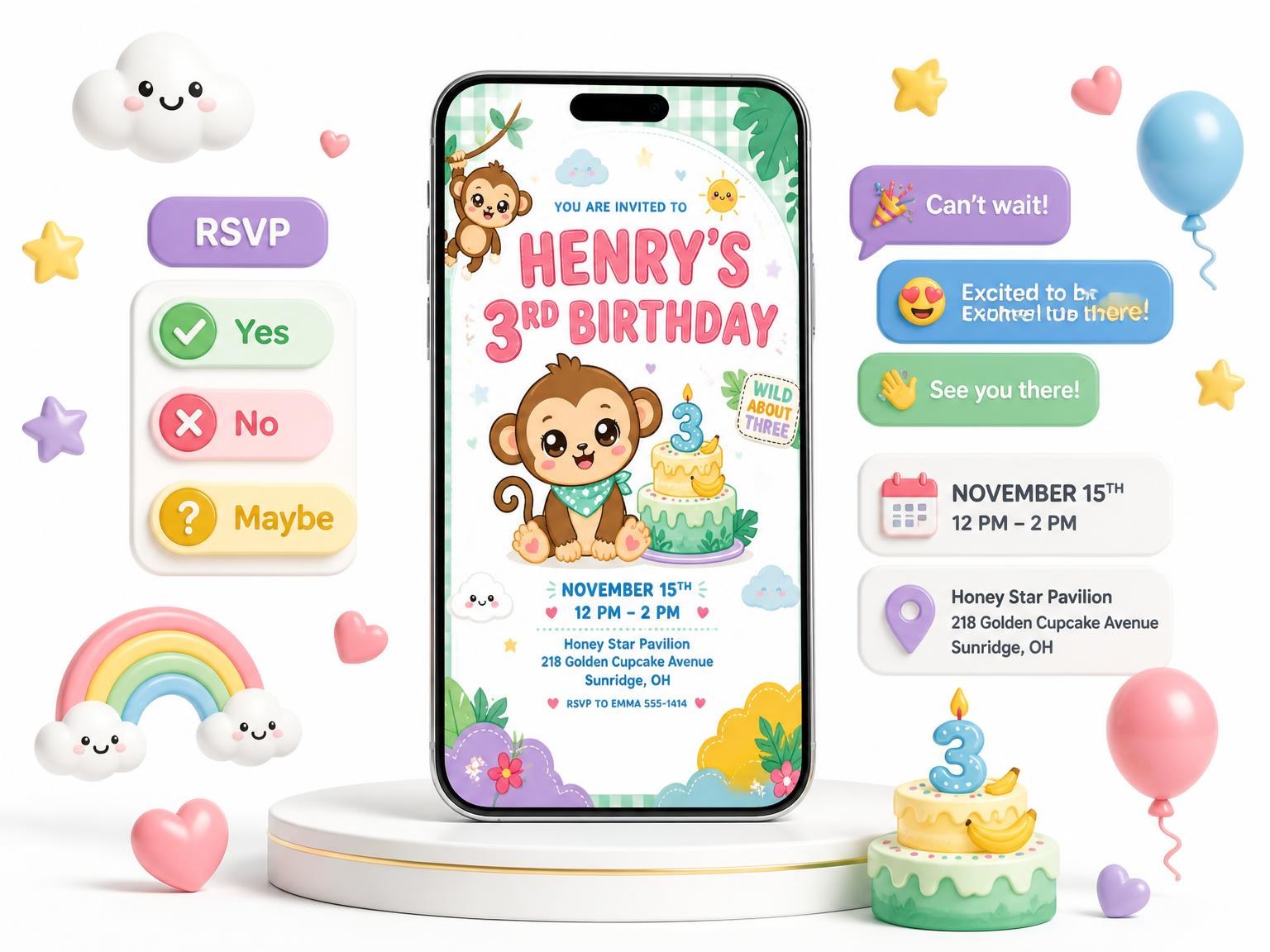 The Hanging Monkey Kawaii 3rd Birthday Invitation invitation on a phone, with guest RSVPs arriving around it