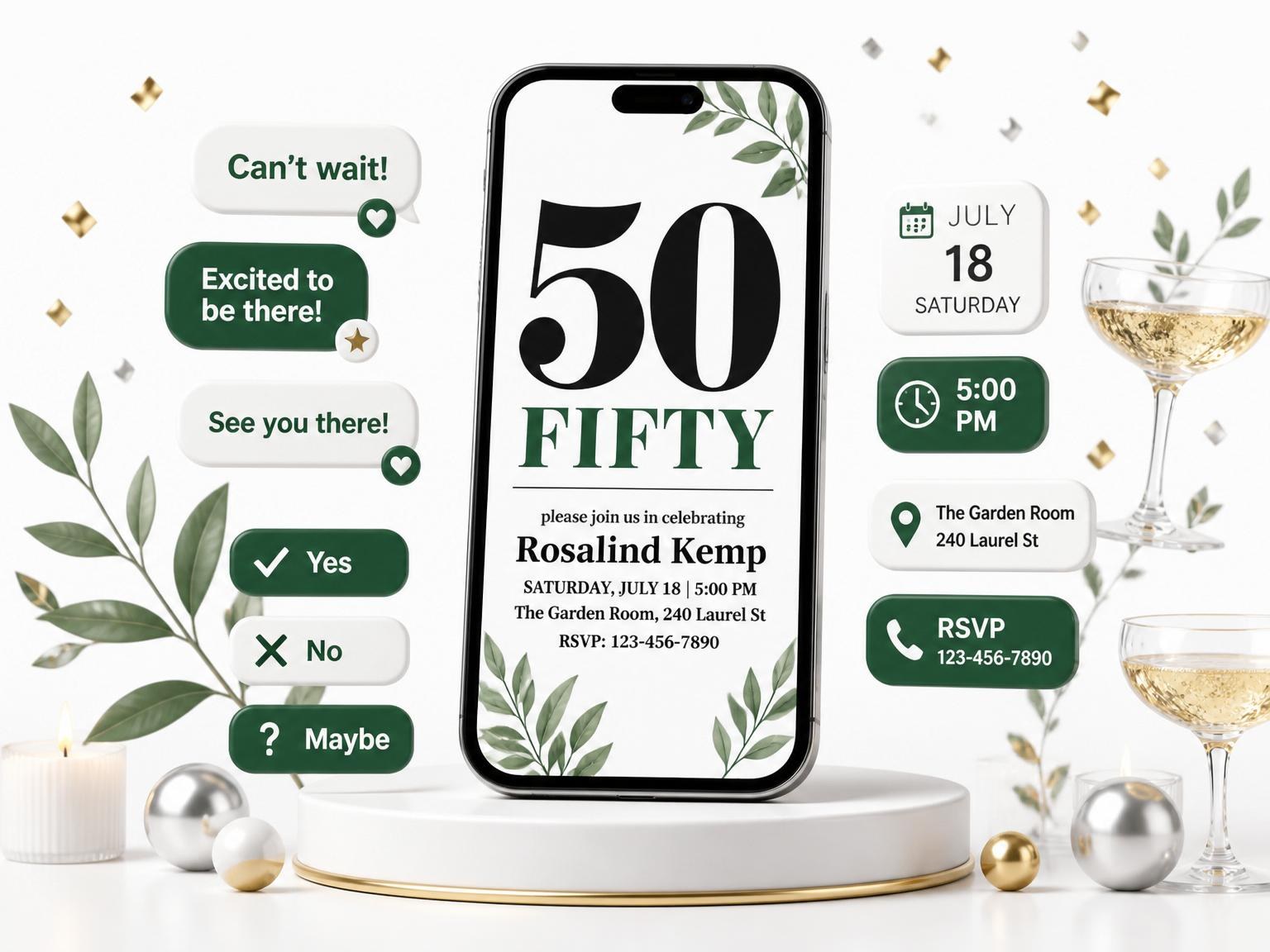 The Minimalist Black and Green 50th Birthday invitation on a phone, with guest RSVPs arriving around it