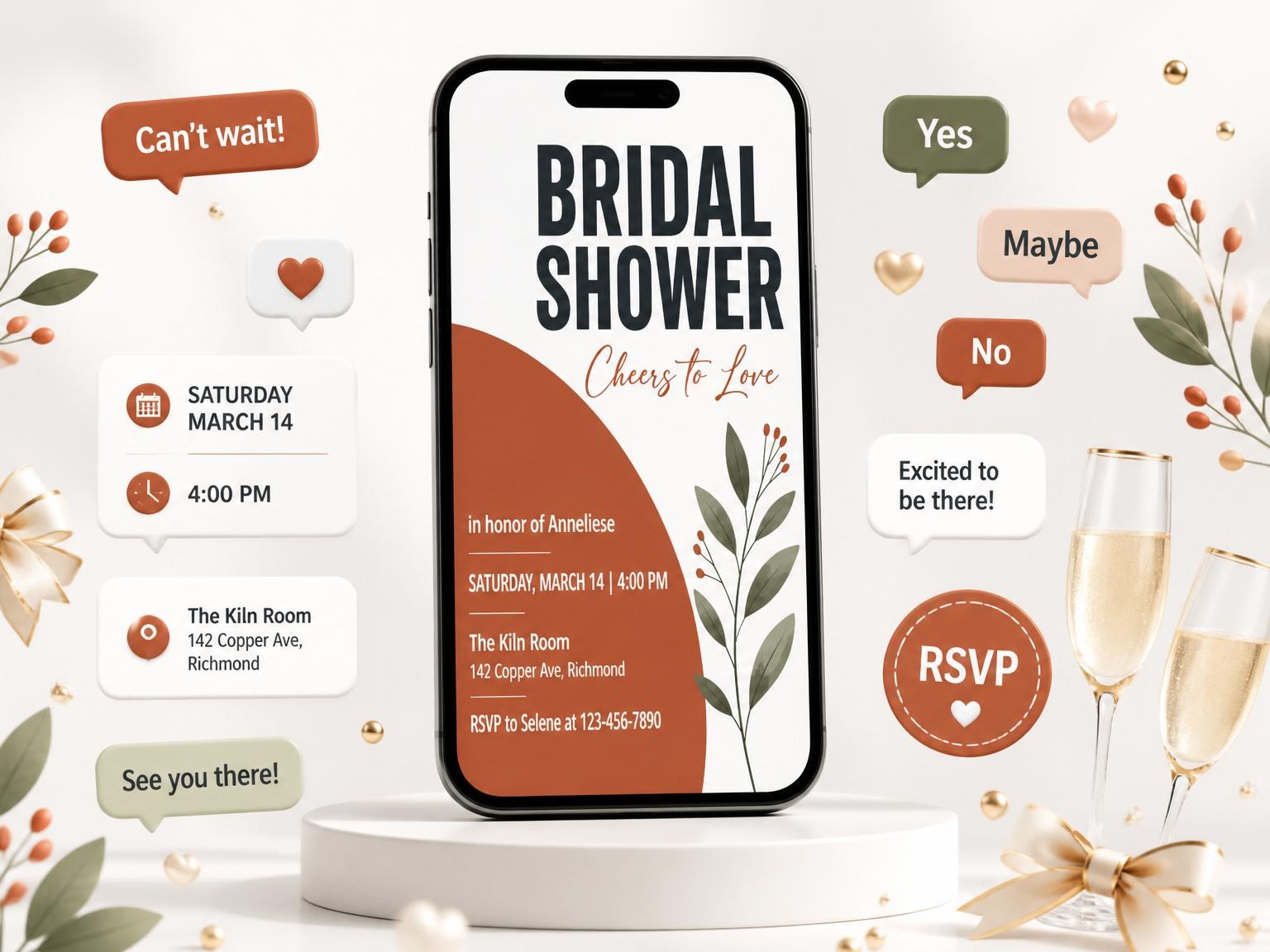 The Terracotta Arch Botanical Bridal Shower invitation on a phone, with guest RSVPs arriving around it