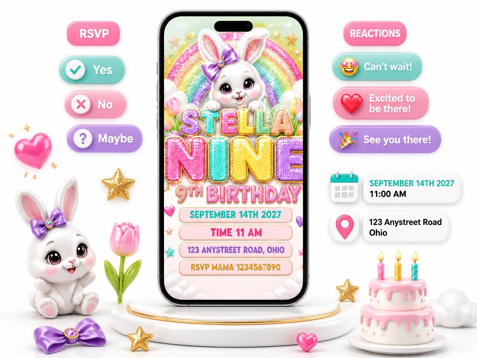 The Glitter Sparkle Bunny 9th Birthday Invitation invitation on a phone, with guest RSVPs arriving around it