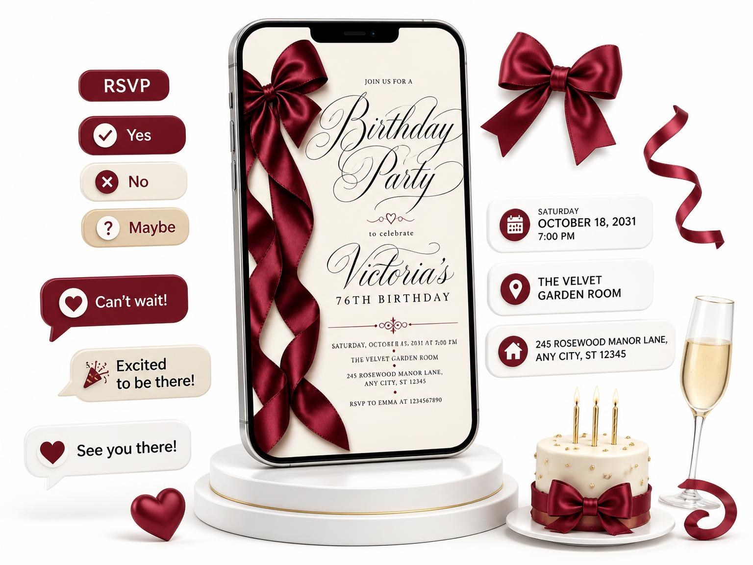 The Burgundy Satin Bow 76th Birthday Invitation invitation on a phone, with guest RSVPs arriving around it