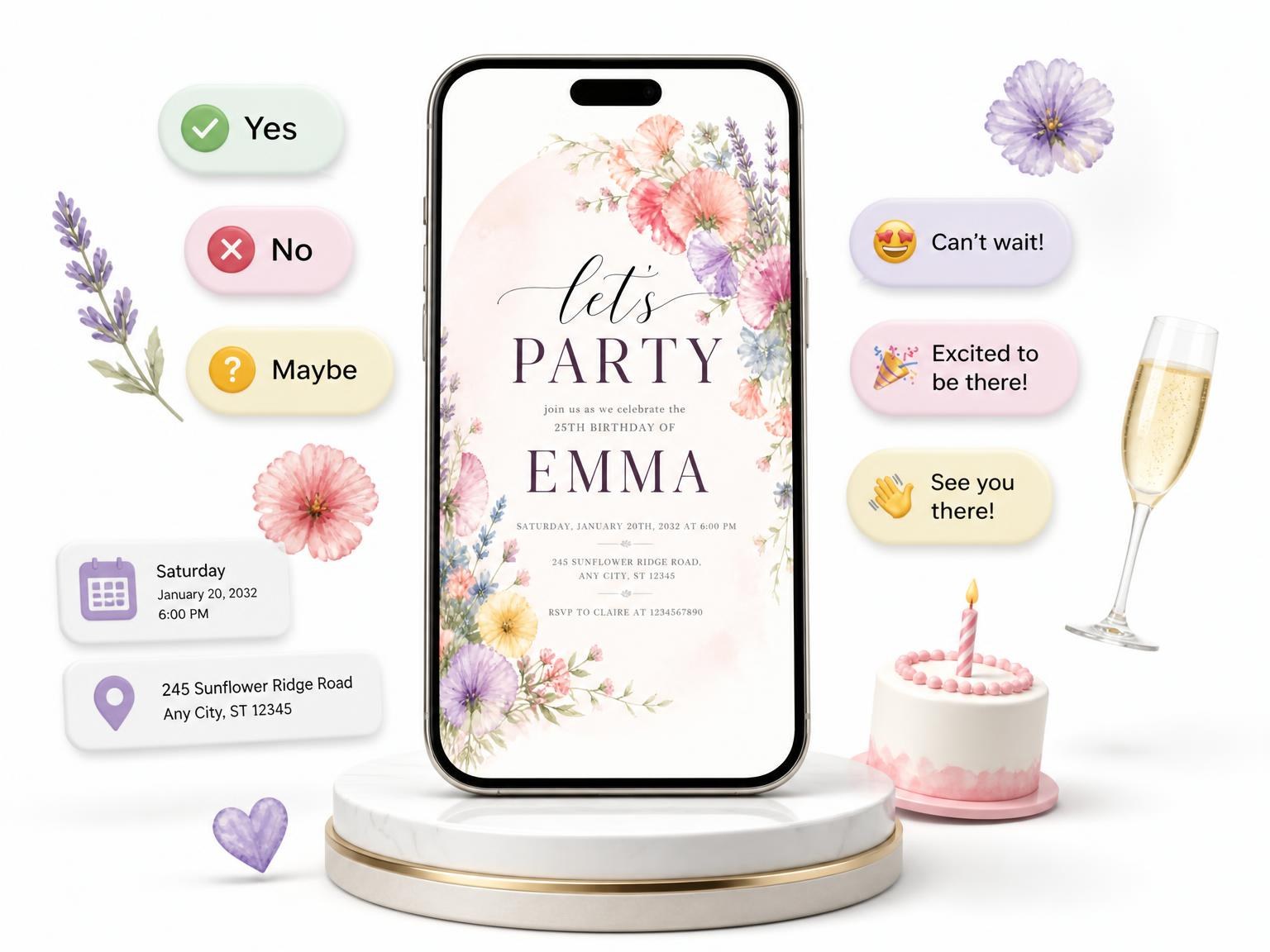 The Pastel Wildflower Arch 25th Birthday Invitation invitation on a phone, with guest RSVPs arriving around it