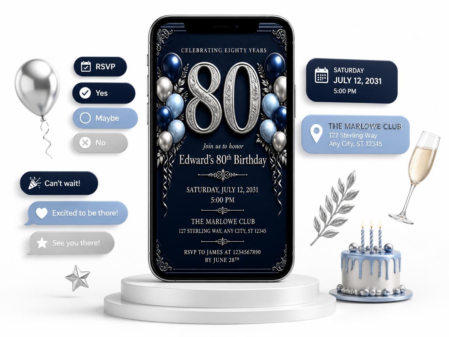 The Navy and Silver 80th Birthday Invitation invitation on a phone, with guest RSVPs arriving around it