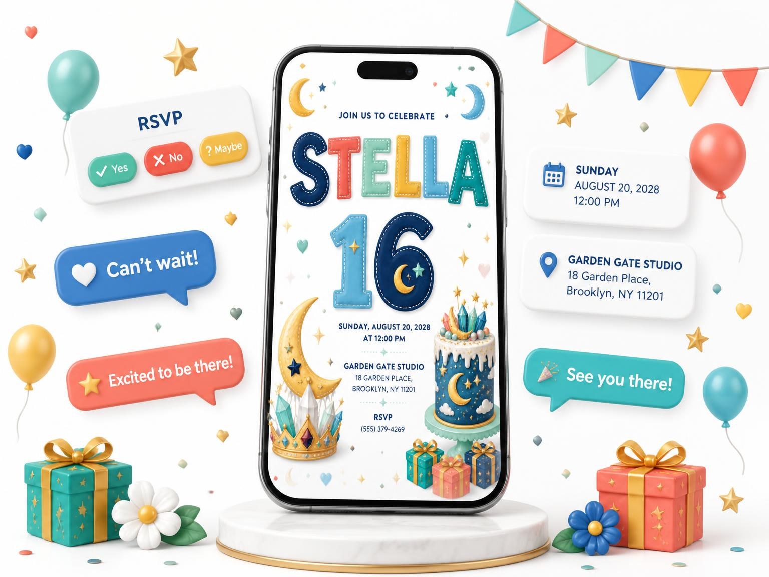 The Crystal Moon 16th Birthday Invitation invitation on a phone, with guest RSVPs arriving around it