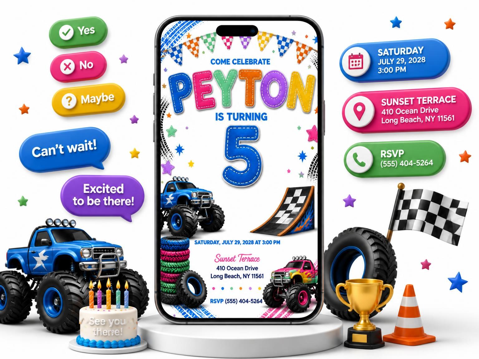 The Stitched Monster Truck 5th Birthday Invitation invitation on a phone, with guest RSVPs arriving around it