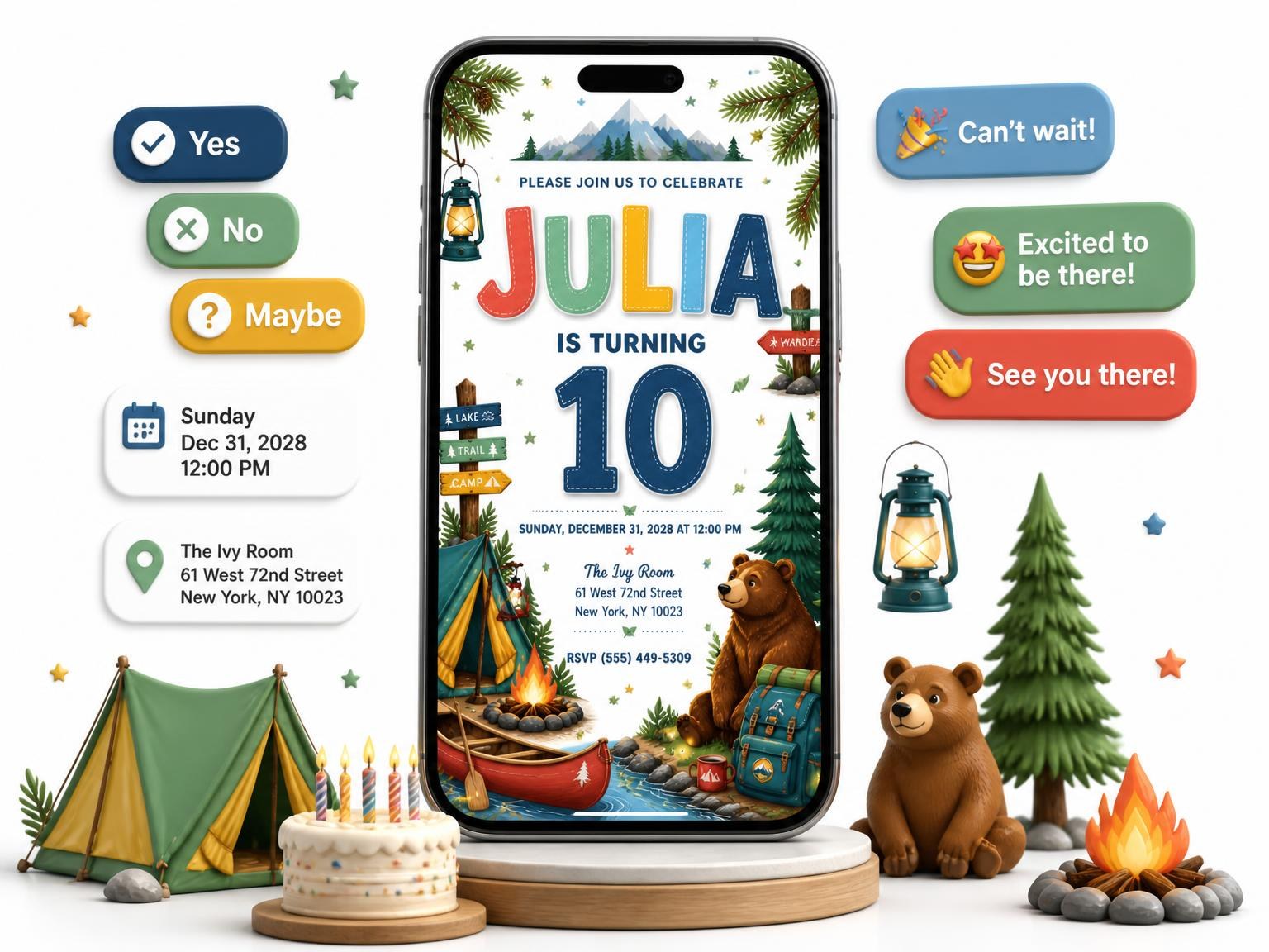 The Stitched Camping 10th Birthday Invitation invitation on a phone, with guest RSVPs arriving around it