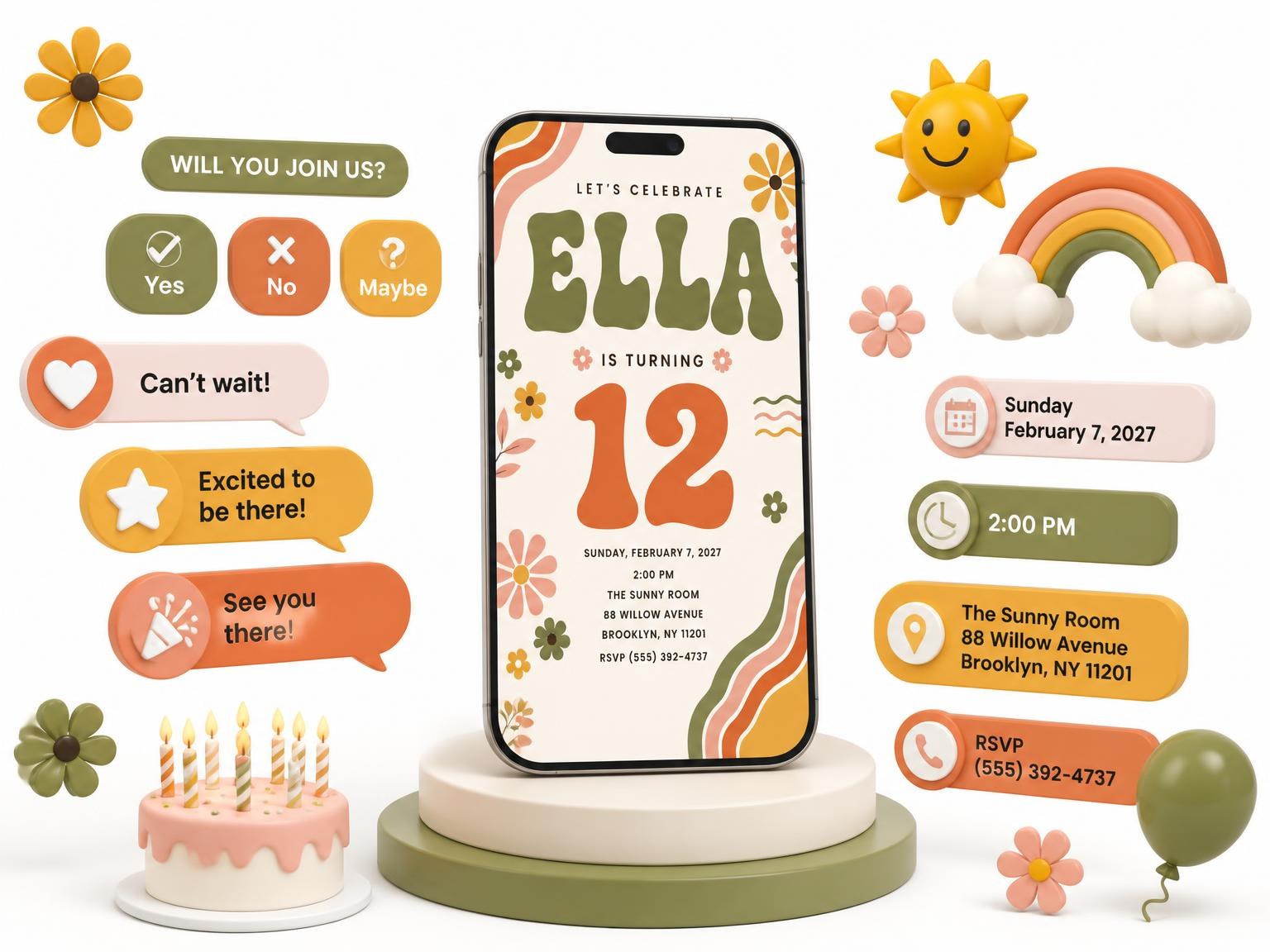 The Groovy Retro 12th Birthday Invitation invitation on a phone, with guest RSVPs arriving around it