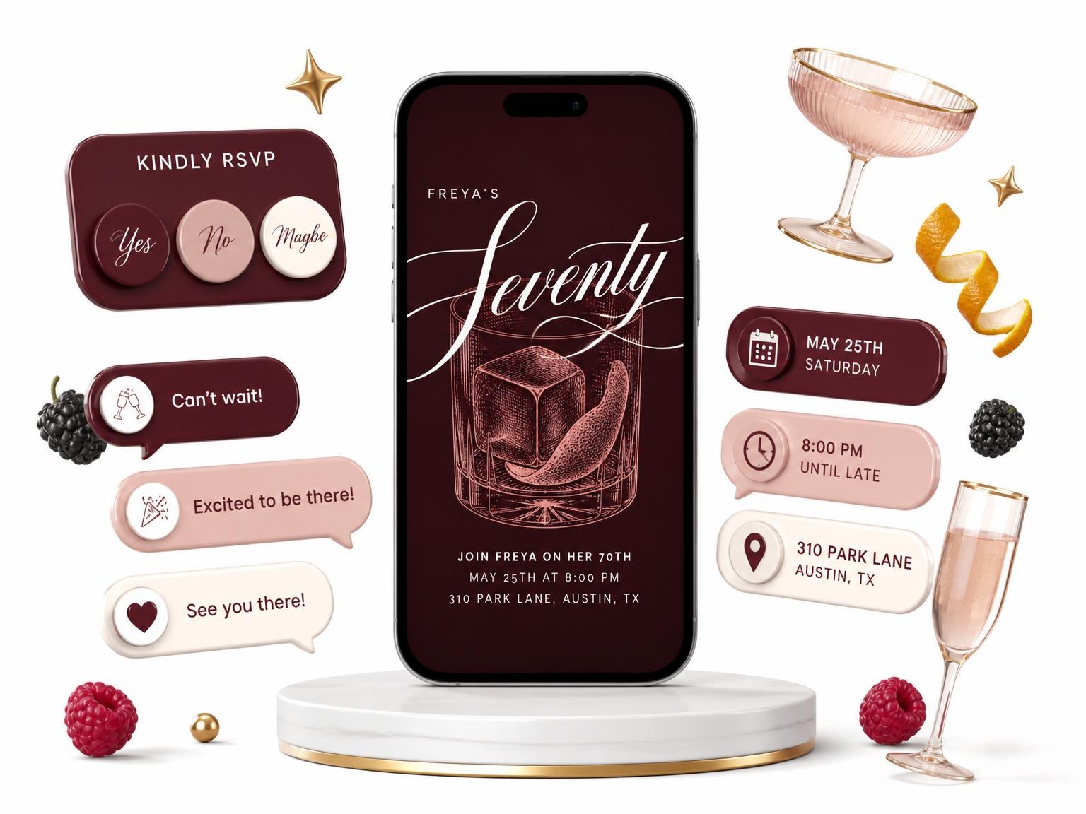 The Burgundy Cocktail 70th Birthday Invitation invitation on a phone, with guest RSVPs arriving around it
