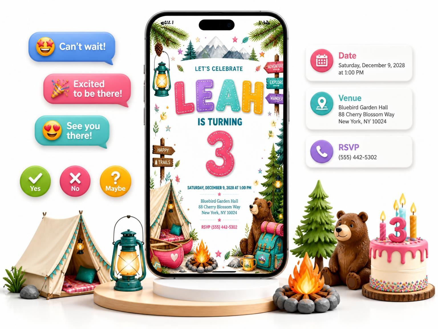 The Stitched Camping 3rd Birthday Invitation invitation on a phone, with guest RSVPs arriving around it