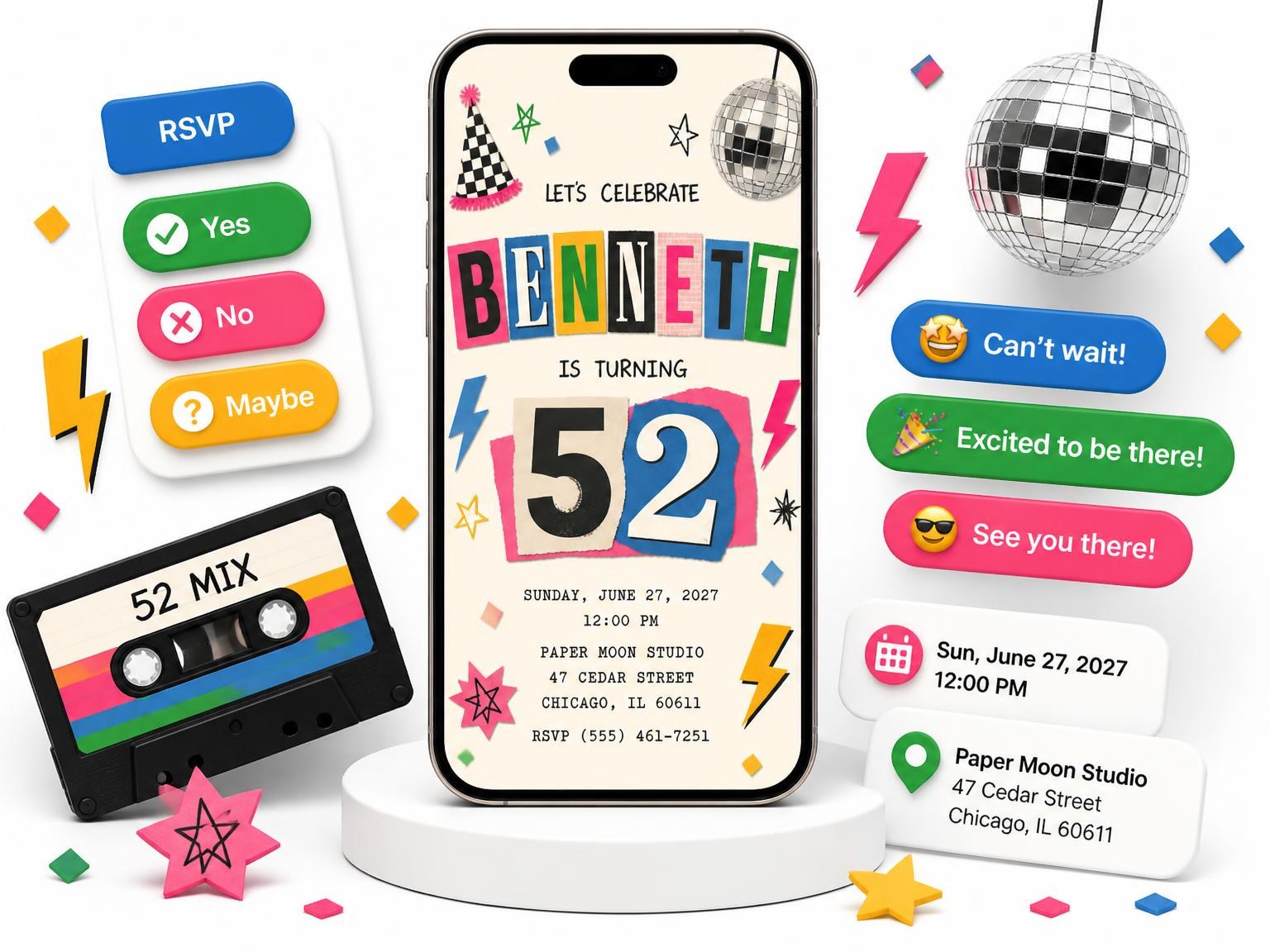 The Retro Paper Collage 52nd Birthday Invitation invitation on a phone, with guest RSVPs arriving around it