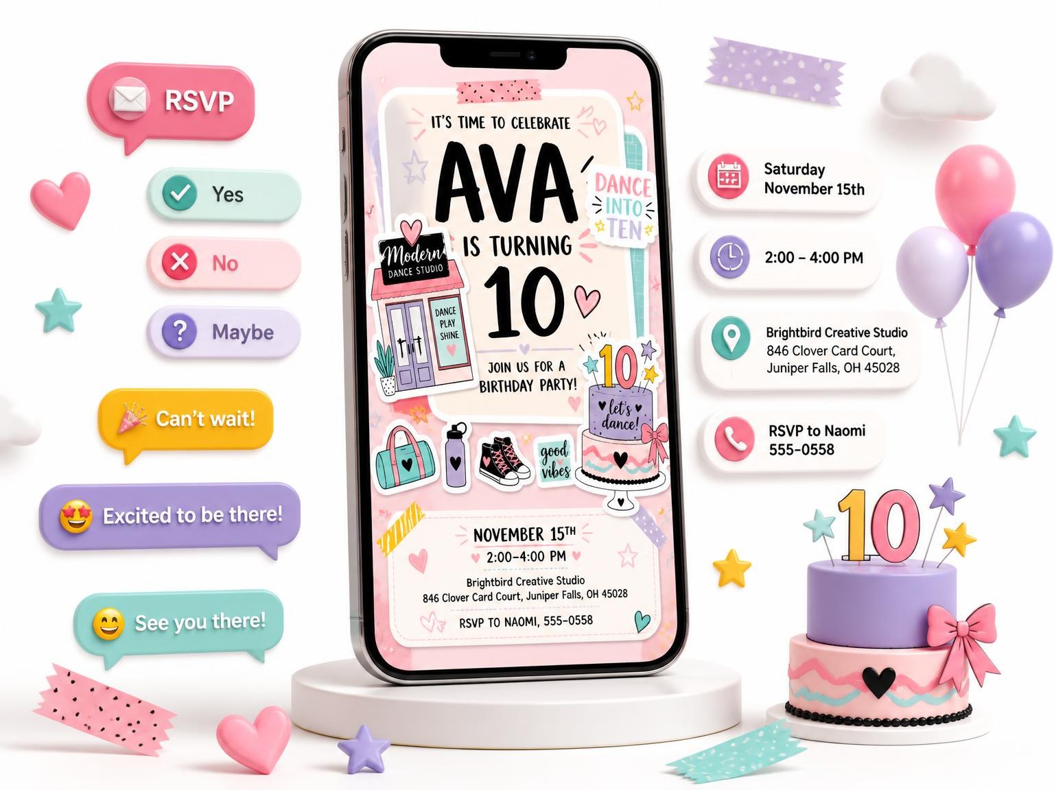The Dance Studio 10th Birthday Invitation invitation on a phone, with guest RSVPs arriving around it