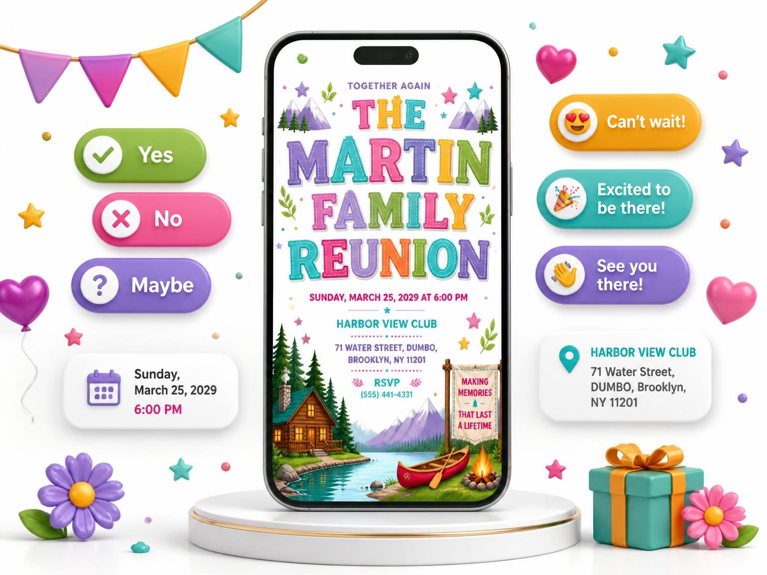 The Log Cabin Family Reunion Invitation invitation on a phone, with guest RSVPs arriving around it