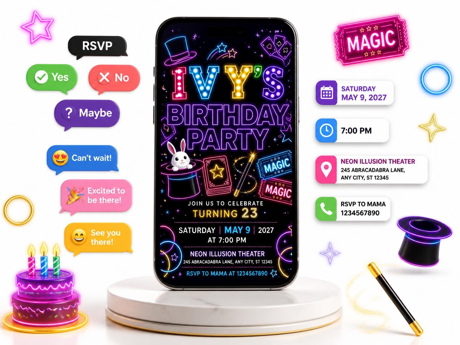 The Neon Magic Show 23rd Birthday Invitation invitation on a phone, with guest RSVPs arriving around it