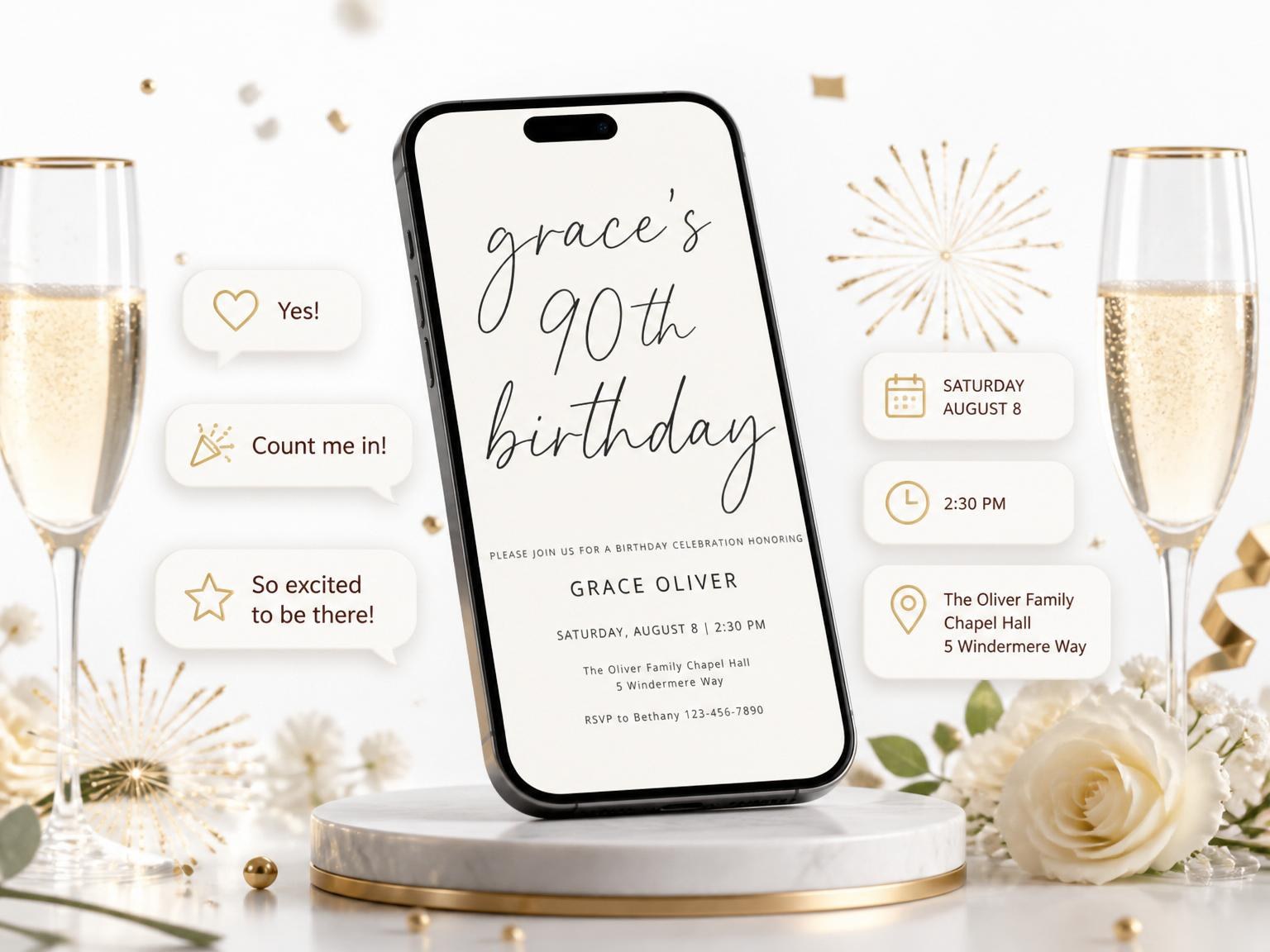 The Cream Minimalist Script 90th Birthday invitation on a phone, with guest RSVPs arriving around it
