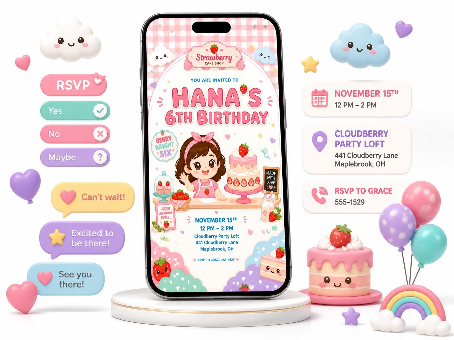 The Baker Kawaii Pastel 6th Birthday Invitation invitation on a phone, with guest RSVPs arriving around it