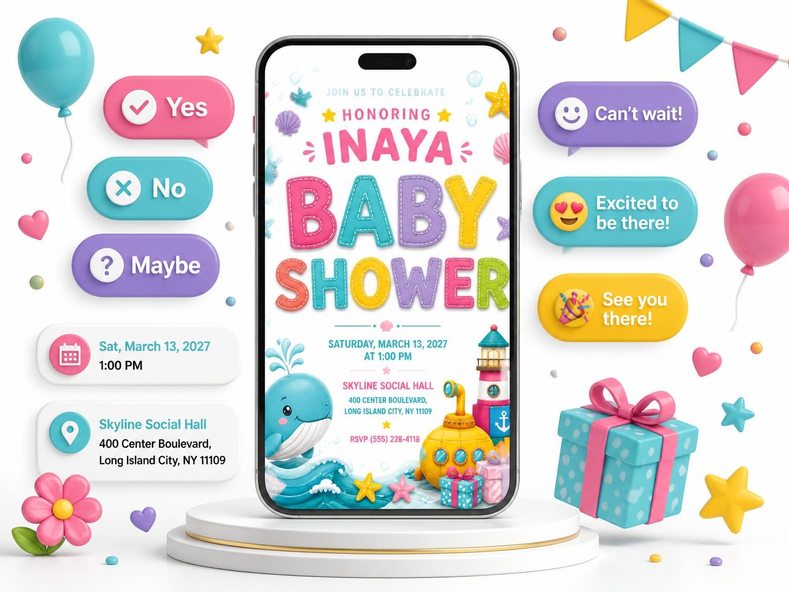 The Baby Whale Baby Shower Invitation invitation on a phone, with guest RSVPs arriving around it