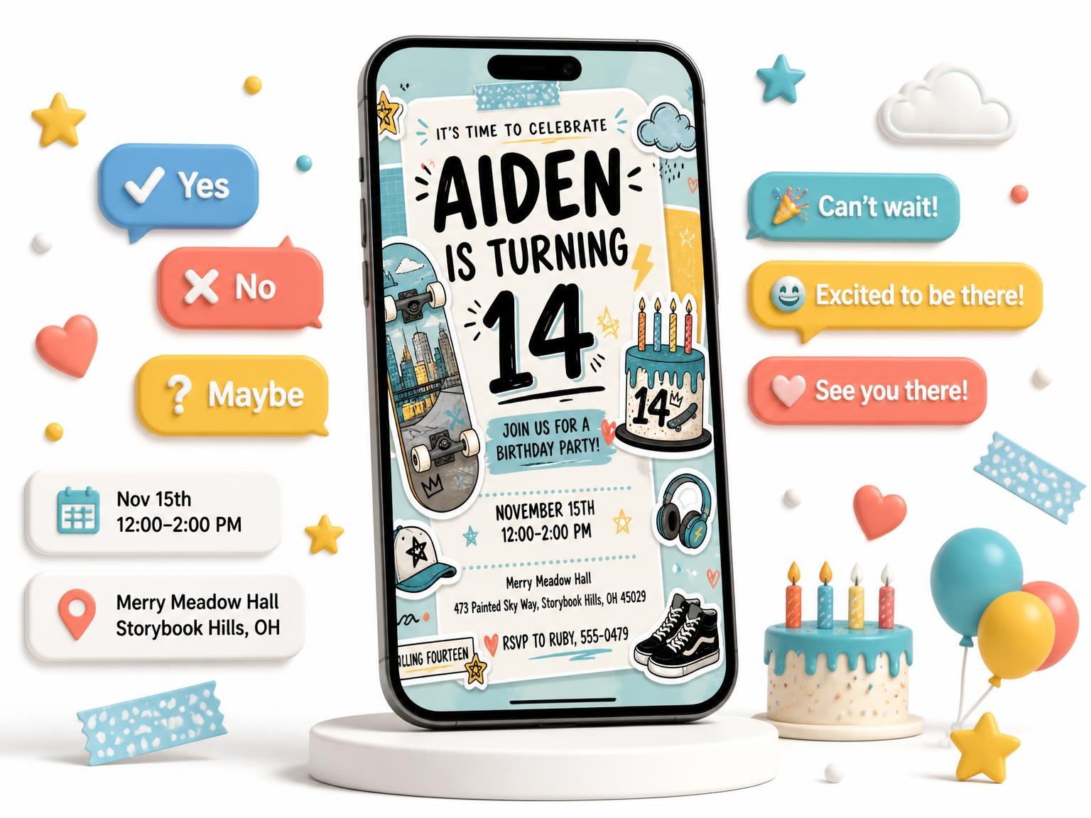 The Skateboard Pastel 14th Birthday Invitation invitation on a phone, with guest RSVPs arriving around it